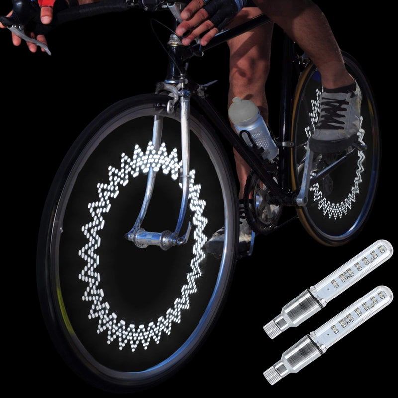 DAWAY A08 Bike Wheel Lights - Led Bicycle Tire Valve Stem Light, 2 Pack, Waterproof Neon Flashing Bycicle Lamp, Cool Safety Accessories for Boys, Kids, Adults, Motion Activated, White Graphics - Image 1